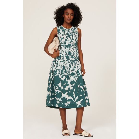 PETER SOM Green Floral Cotton Blend Sleeveless Crewneck Midi Dress size 8 - Picture 1 of 12